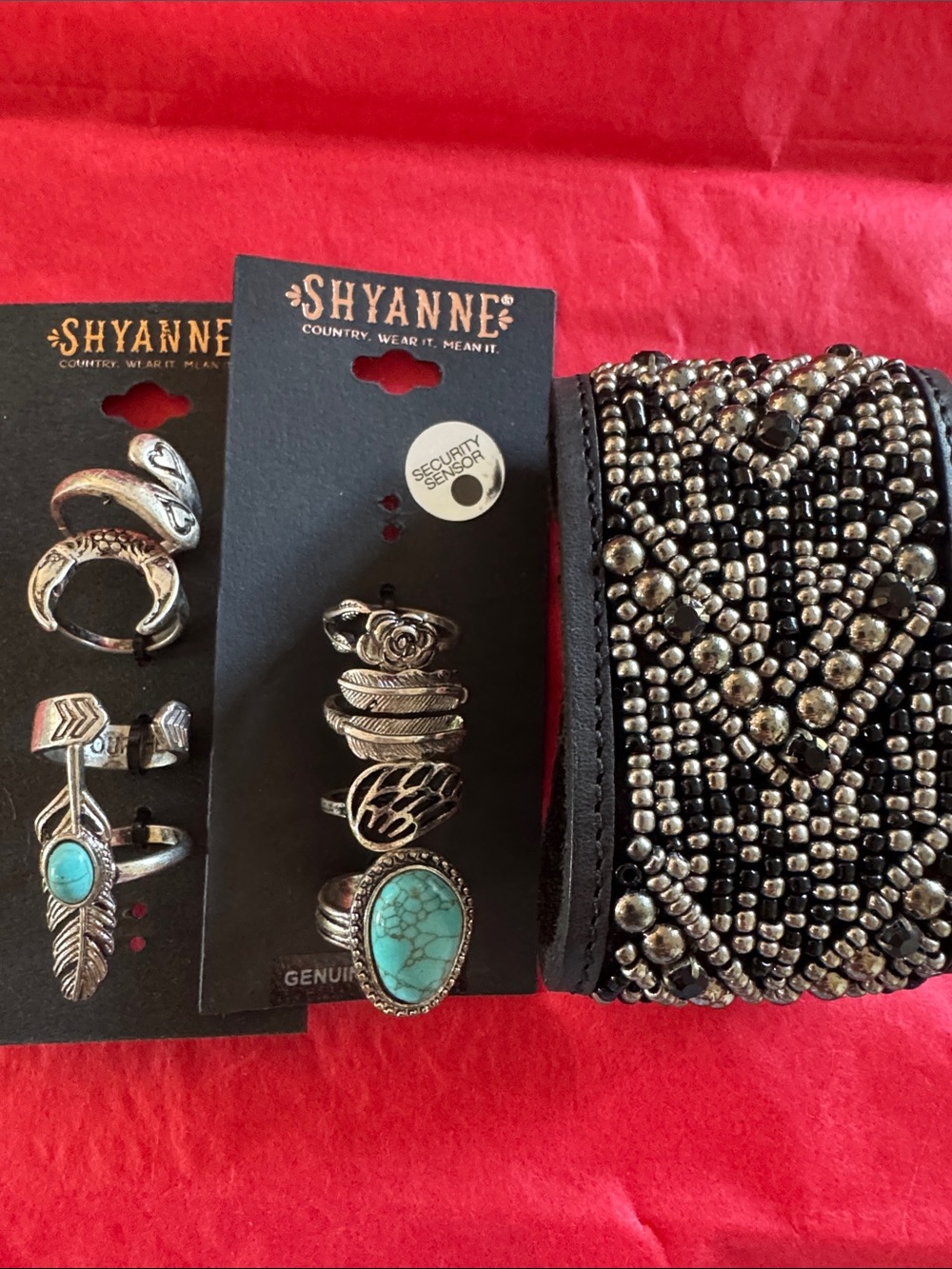 Shyanne Silver-Tone Boho Size 7 Ring Set with Turquoise Accents and Beaded Cuff